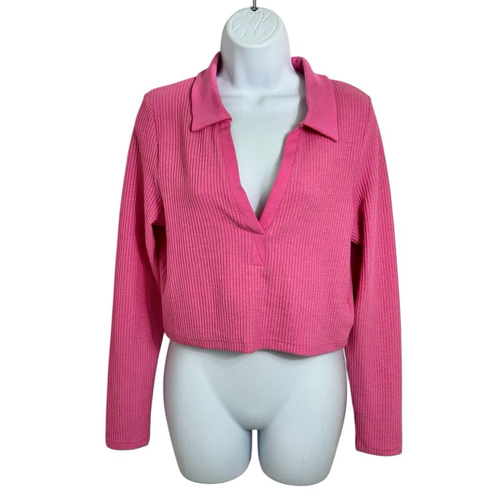 Divided H&M Pink Collared Ribbed Top Sz Large Long-Sleeve Crop Blouse Coquette - Picture 6 of 7